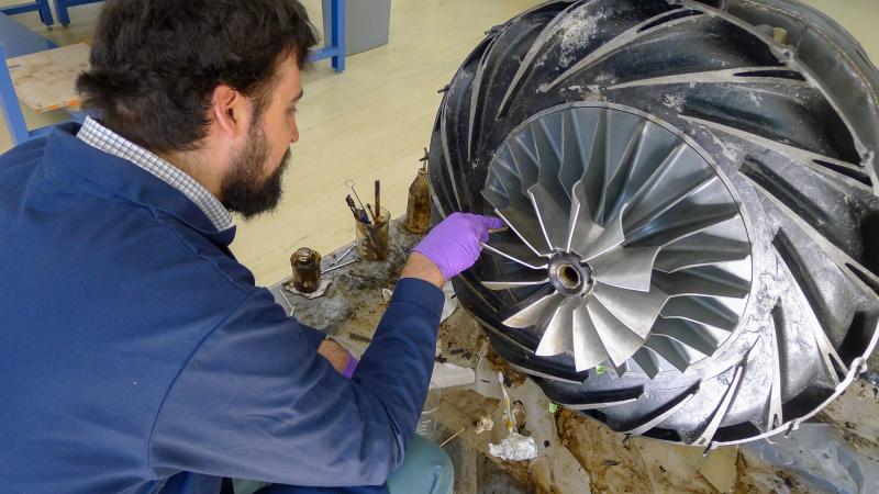  Ravizza treats magnesium corrosion on the experimental turbocharger from a Blohm and Voss BV 155B, a German high-altitude aircraft designed for World War II. (The war ended before the prototype plane was completed for test flight.)