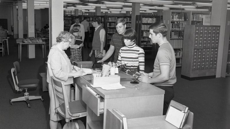 Until this permanent home was established, the library moved frequently. From 1966 through 1968, it was housed in an off-campus building at 1223 West Fourth Street, several blocks west of campus. From 1968 through 1981, the library was located inside the Rishel Building at 1201 West Third Street.