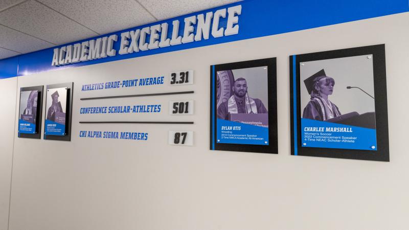 A wall of honor celebrates scholar-athlete success.