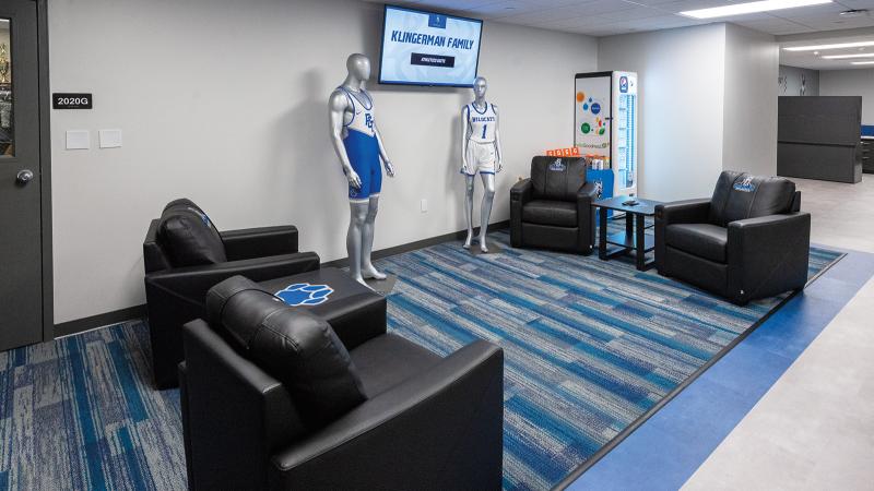 Renovations to the newly dubbed Klingerman Family Athletics Suite allow attractive space for interaction among coaches and athletes.