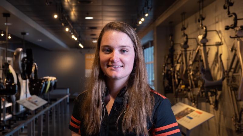 Erin Beaver '19, at Harley-Davidson's plant in York, where she oversees the advanced inspection lab.