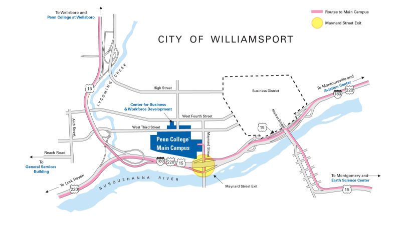 Map of routes around Williamsport leading to Penn College's main campus 