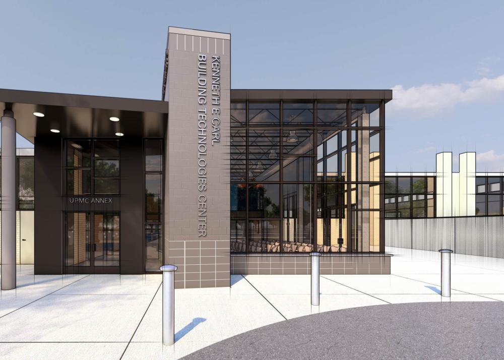 Artist rendering of a planned new entrance for the Kenneth E. Carl Building Technologies Center at Penn College.