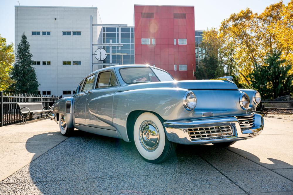 A Tucker car sits in front of Penn College's Madigan Library.