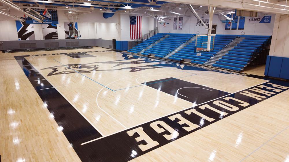 The recently replaced gym floor in the Lewis H. Bardo Gymnasium