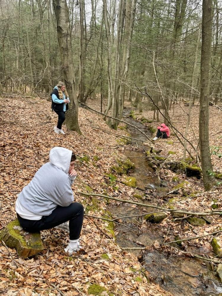Students sit along a run in a woods.