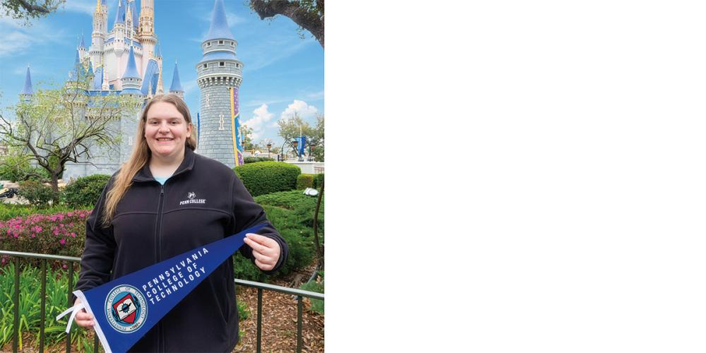 Corrina Blose, a pastry cook at Walt Disney World, pauses on her day off for a photo in front of the park’s iconic Cinderella Castle. The baking & pastry arts (2021) and applied management (2022) grad produces desserts and baked goods for several Magic Kingdom eateries.