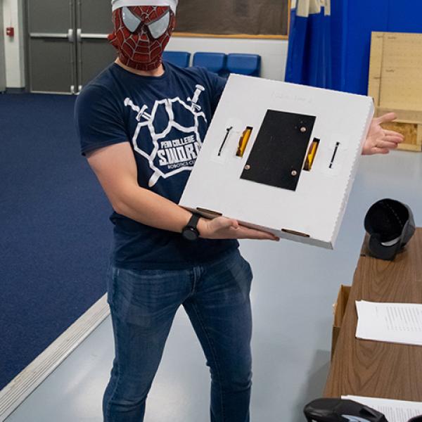 Cole W. Wanamaker, a SWORD member who masqueraded as Spider-Man and fashioned his "Pizza Time" battlebot from a pizzeria delivery box, was a crowd favorite. Wanamaker, of New Tripoli, is scheduled to graduate next month with a bachelor's degree in accounting.