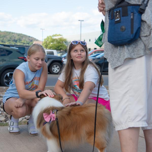 Two girls pet a brown-and-white dog.