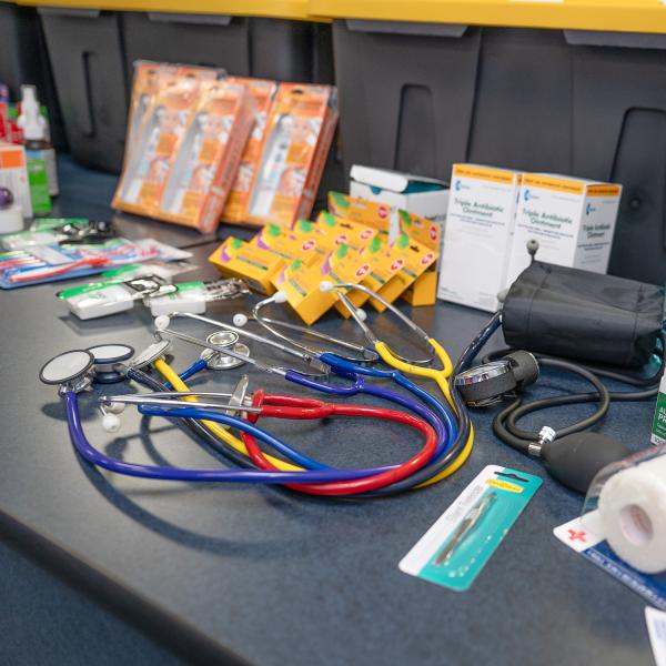 Medical supplies lie on a table.