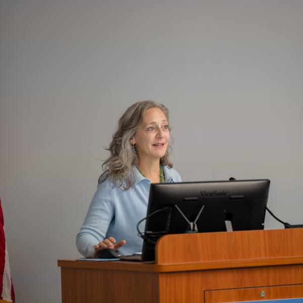 Pennsylvania Department of Health Secretary Dr. Debra L. Bogen speaks from behind a podium in Pennsylvania College of Technology's Thompson Professional Development Center.