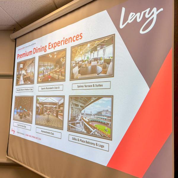 A project screen showing six photos of Churchill Downs facilities and a title that says "Premium Dining Experiences"