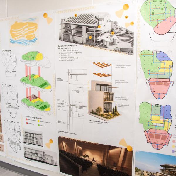 A student's architectural display board hangs in the architecture suite in Penn College's Klump Academic Center.