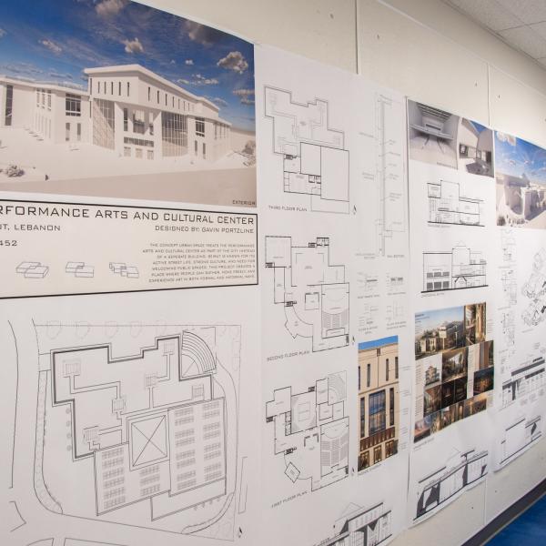 A student's architectural display board hangs in Penn College's Klump Academic Center architecture suite.