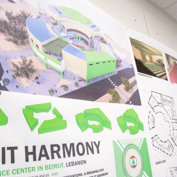 A student's architectural display board hangs in the architecture suite in Penn College's Klump Academic Center.