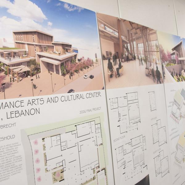 A student's architectural display board hangs in the architecture suite in Penn College's Klump Academic Center.