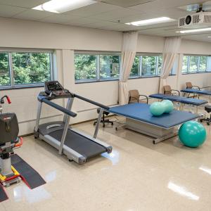 Physical therapy room with exercise equipment, including a treadmill, recumbent bike, treatment tables, and large therapy balls arranged in an open, bright space.