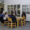 Staff mentors (including Daniel J. Clasby, assistant dean of academic operations) engaged first-gen students and their champions at a Wednesday library lunch.