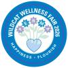 A circular graphic with flowers in a heart-shaped vase in the center. Each flower has a letter, spelling out "PERMA." The perimeter of the logo has the words "Wildcat Wellness Fair 2026. Happiness. Flourish."