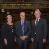 From left, Pennsylvania College of Technology President Davie Jane Gilmour, Lycoming College President Kent C. Trachte and Community Arts Center Board Chairman William J. Martin gather on stage at the Arts Center.