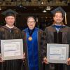 Penn College President Davie Jane Gilmour stands with Kirk M. Cantor (left) and Craig A. Miller, recipients of Excellence in Teaching Awards presented at commencement.