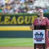 In her capacity as chair of the Little League International Board of Directors, Gilmour addresses the 25,000-plus crowd at Howard J. Lamade Stadium for Sunday's title matchup.