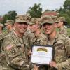Penn College Army ROTC cadet Austin S. Weinrich (right), of Jenkintown, receives the RECONDO badge for displaying superior skills at Advanced Camp. Held at Fort Knox, Ky., Advanced Camp is considered ROTC’s most significant training experience. Weinrich was one of 14 cadets out of approximately 600 in the 4th Regiment to receive the RECONDO Badge. Presenting the RECONDO badge is Brigadier General Antonio V. Munera. 