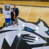 Carolyn R. Strickland, vice president for enrollment management and associate provost, and Elliott Strickland, vice president for student affairs, are providing funding for two new Wildcat mascot outfits at Penn College. The mascot outfits are based on the new Wildcat Athletics logo, seen here at center court in Bardo Gymnasium.
