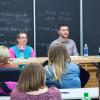 Graphic design graduates (from left) Erin M. Schlesinger, Madison M. Miller, Kyle R. Taylor and Michael A. Siemianowski share their insights with current students in a recent alumni panel. 